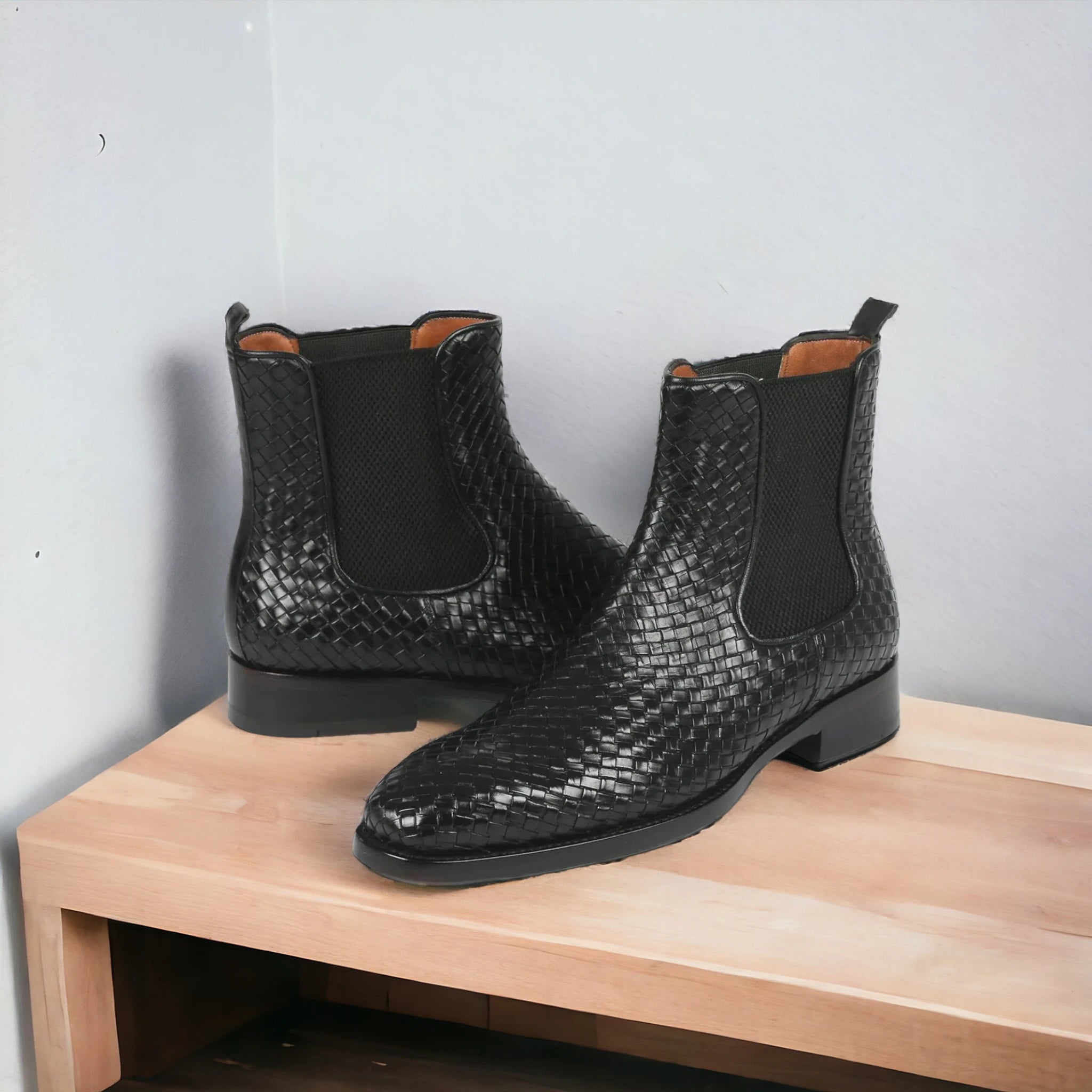 Handmade men woven Chelsea leather boots, men ankle high boots  