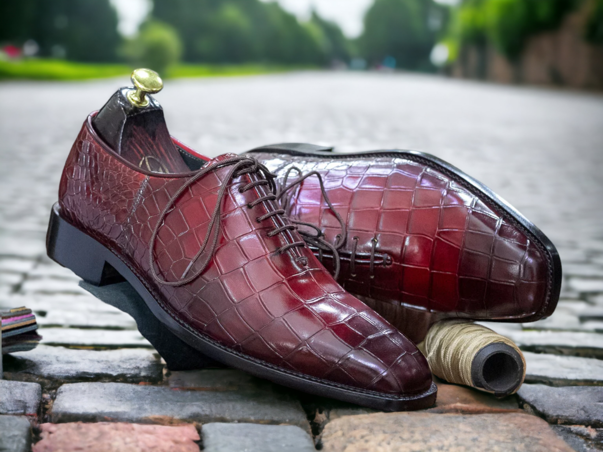 Men Handmade Alligator Burgundy Shoes