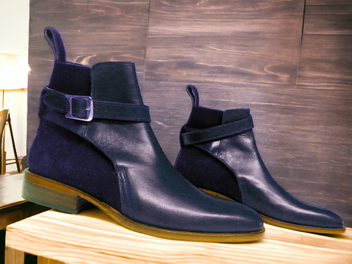 "These Men's Navy Blue Jodhpurs Buckle Boots are a must-have for any fashion-forward man. Handmade with precision, these boots boast a luxurious design that will elevate any outfit. With their unique buckle feature, these boots offer both style and functionality. Add a touch of sophistication to your wardrobe with these statement boots."