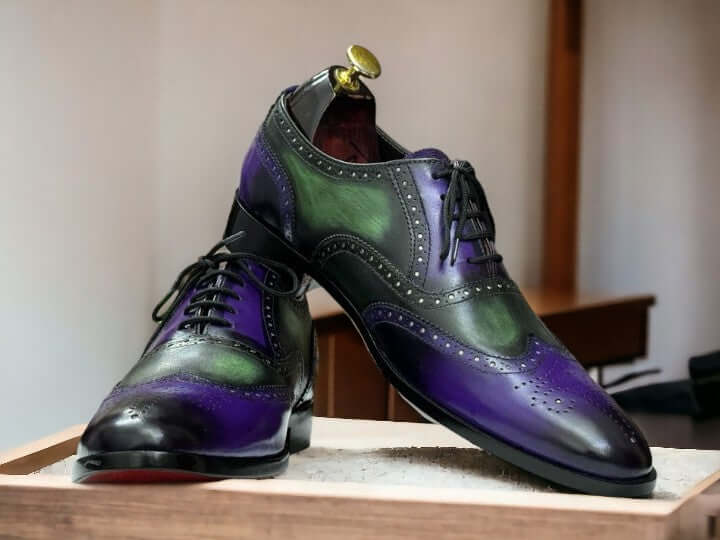 Handmade Two Tone Purple & Sea Green Oxford Wing Tip Brogue