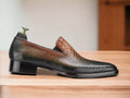 Handmade Men's Two-Tone Loafer Shoes with Python Print, Slip-On Moccasin Style