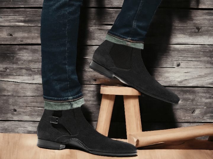 Upgrade your shoe game with our Bespoke Handmade Black Suede Buckle Chelsea Boots. These Dress Formal Slip On Boots are perfect for any formal occasion, providing both style and comfort. Crafted with high-quality materials, these ankle high boots will elevate any outfit. Expertly designed for men's fashion, these boots are a must-have for any wardrobe.