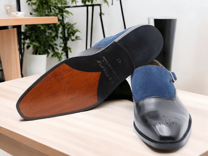 Expertly crafted with genuine leather and suede, these handmade shoes offer both style and durability. The black and blue color combination adds a unique touch to any outfit. Elevate your wardrobe with these high-quality shoes.