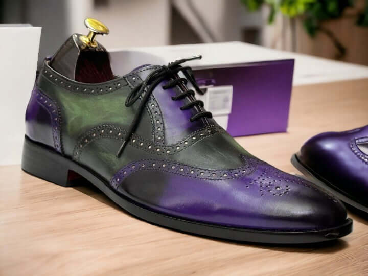 Handmade Two Tone Purple & Sea Green Oxford Wing Tip Brogue