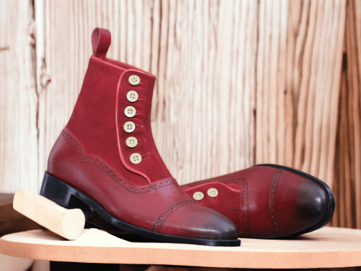 Handmade Men's Button Boots, Burgundy Leather And Suede Ankle Boot