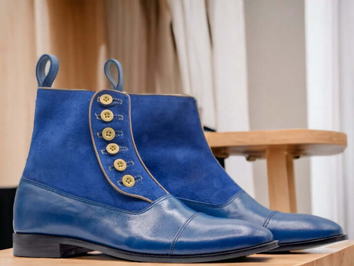 These stylish ankle-high button tops are perfect for completing any look. Crafted from a luxurious blue leather, they feature an adjustable lace-up closure for a secure fit and are sure to be a statement-making addition to your wardrobe.