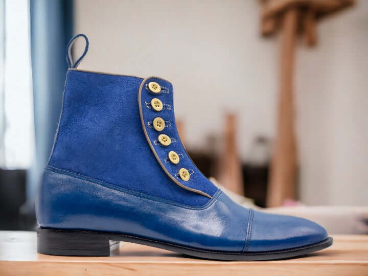 These stylish ankle-high button tops are perfect for completing any look. Crafted from a luxurious blue leather, they feature an adjustable lace-up closure for a secure fit and are sure to be a statement-making addition to your wardrobe.