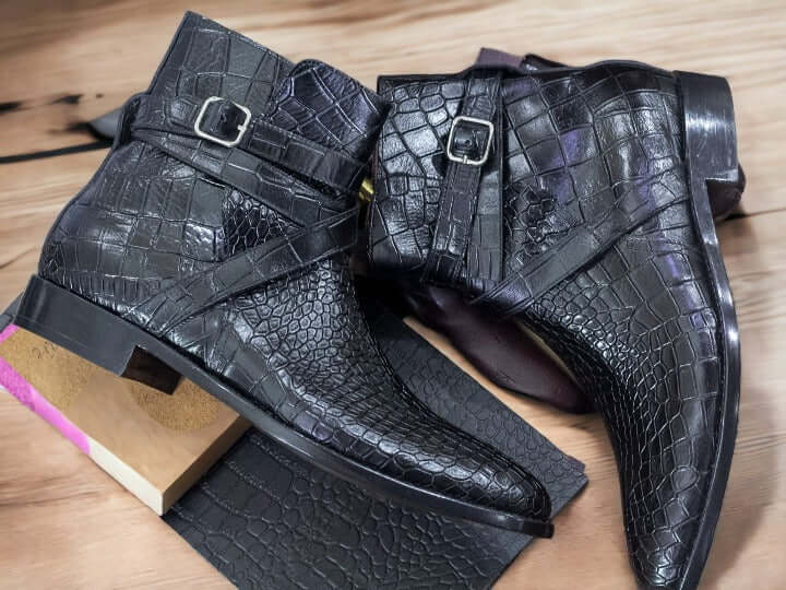 This classic Ankle High Handmade Black Genuine Alligator Texture Jodhpurs Boot features a polished genuine alligator texture leather construction, making it perfect for a stylish night out. The unique combination of materials creates a stylish, luxurious look. The boot's carefully-crafted design provides the comfort of a regular boot with the added elegance of a formal shoe.