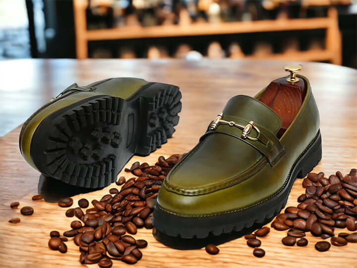 Handmade Men's Olive Green Chunky Sole Shoes