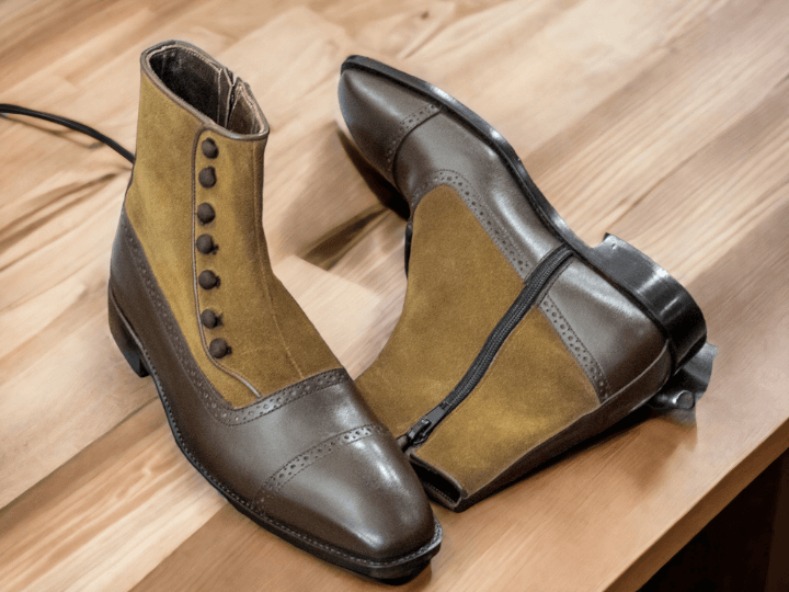 Expertly crafted with premium leather and suede, our Bespoke Formal Brown Boots feature a sleek side zipper and top button for effortless wear. The men's cap toe design adds a touch of elegance, making these ankle high boots perfect for formal occasions. Elevate your style with these sophisticated and comfortable boots.