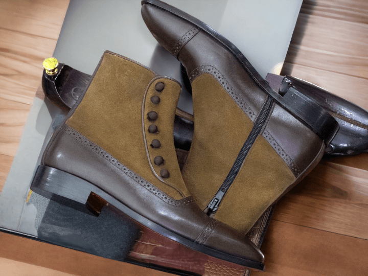 Expertly crafted with premium leather and suede, our Bespoke Formal Brown Boots feature a sleek side zipper and top button for effortless wear. The men's cap toe design adds a touch of elegance, making these ankle high boots perfect for formal occasions. Elevate your style with these sophisticated and comfortable boots.