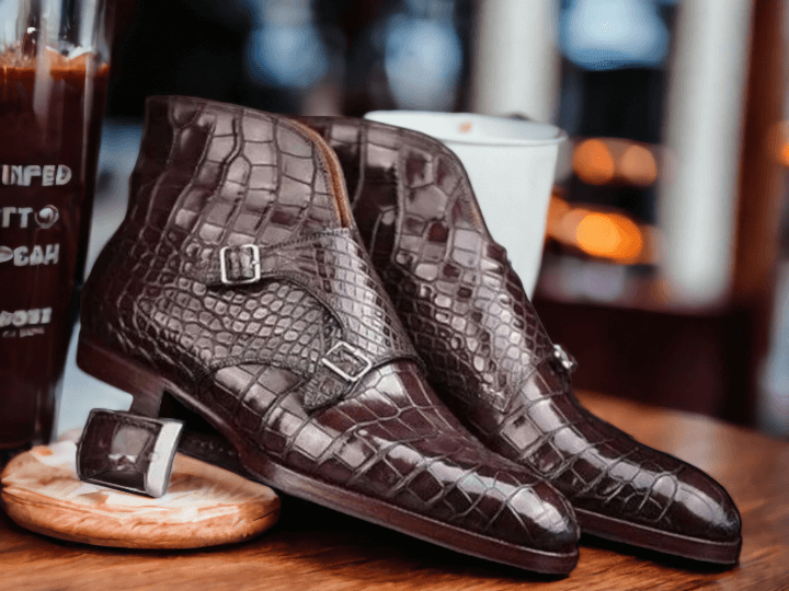 Bespoke Handmade Alligator Texture Genuine Leather Double Monk Exotic Boots