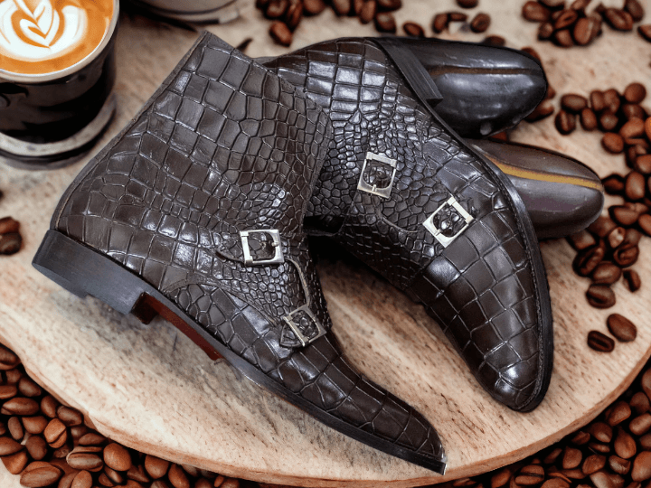 Bespoke Handmade Alligator Texture Genuine Leather Double Monk Exotic Boots