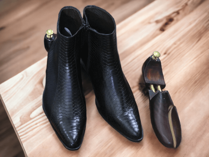 Bespoke Handmade Black Colour Genuien Leather Boots,Python Texture Leather Boots