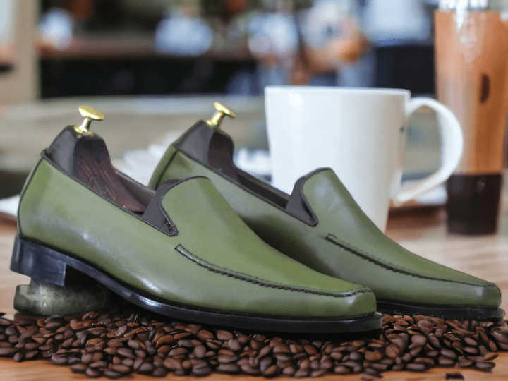 Bespoke Handmade Green Square Toe Leather Loafers, Dress Slipper Shoes