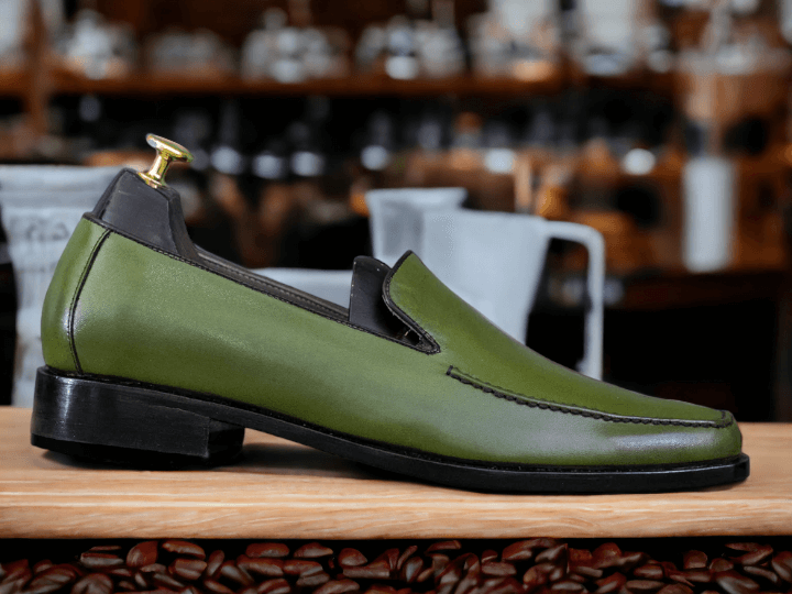 Bespoke Handmade Green Square Toe Leather Loafers, Dress Slipper Shoes