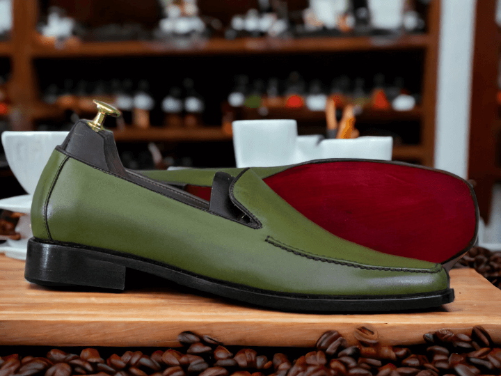 Bespoke Handmade Green Square Toe Leather Loafers, Dress Slipper Shoes