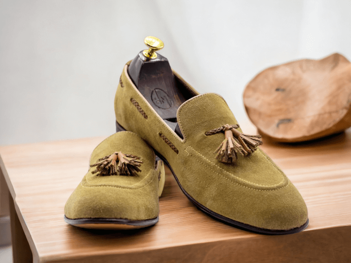 Bespoke Men's Beige Suede Shoes, Loafer Tussle Hand Painted Shoes, Moccasin Shoes