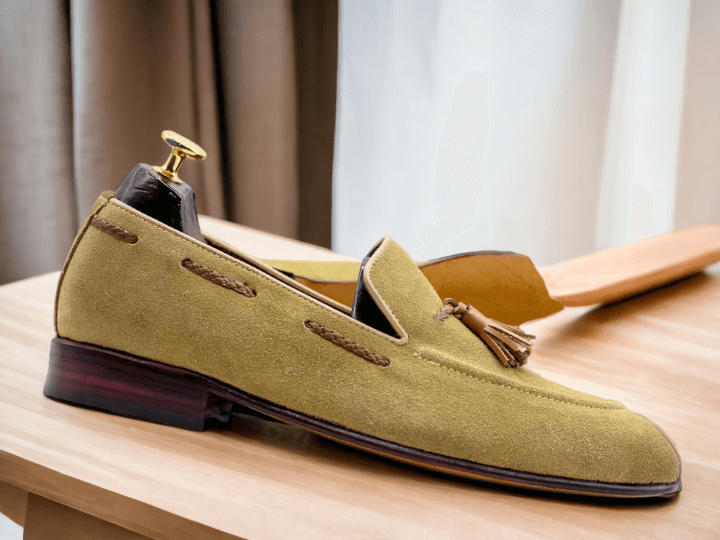 Bespoke Men's Beige Suede Shoes, Loafer Tussle Hand Painted Shoes, Moccasin Shoes