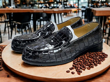 Bespoke Men's Black Crocodile Texture Shoes, Penny Loafer Shoes, Casual Shoes For Men's