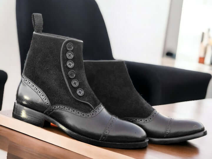 Experience the luxurious comfort and style of our Handmade Black Button Top Boots. Handcrafted with precision, these Two Tone Leather Boots feature a sleek and elegant design that will elevate any outfit. Made with high-quality Leather Suede, these Designer Stylish Boots will make you stand out from the crowd with its superior craftsmanship and unique detailing.