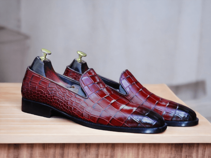 Handmade Red Alligator Texture Slip On Loafer Shoes