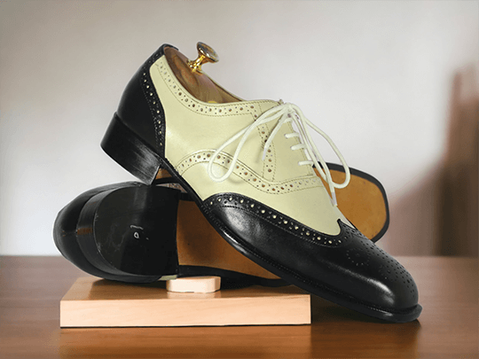 Handmade Cream White & Black Wing tip Brogue Shoes,Men's Leather Dress Shoes