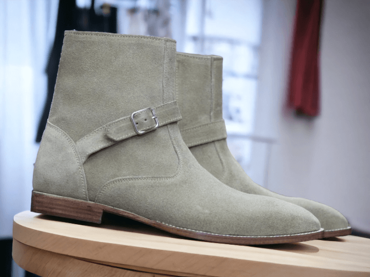 Hand Crafted Ankle High Suede Boot, Madrid Strap Beige Suede Zipper Closure Boot