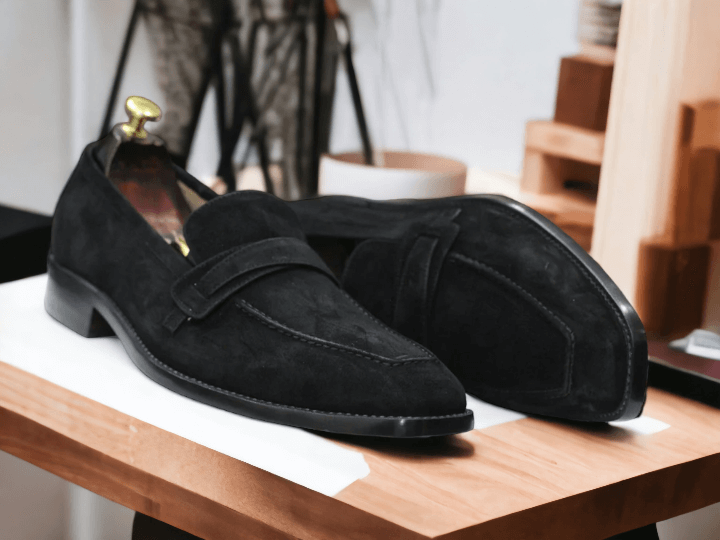 Hand Painted Black Suede Shoes, Men's Penny Loafer Slip On Casual Shoes