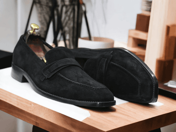 Hand Painted Black Suede Shoes, Men's Penny Loafer Slip On Casual Shoes