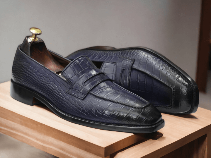 Hand Stitched Blue Alligator Shoes, Penny Loafer Shoes, Slip On Luxury Loafer Shoes