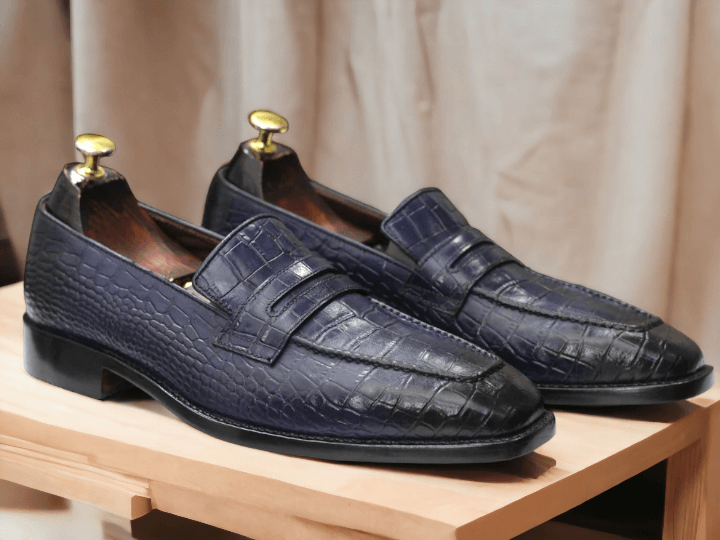 Hand Stitched Blue Alligator Shoes, Penny Loafer Shoes, Slip On Luxury Loafer Shoes