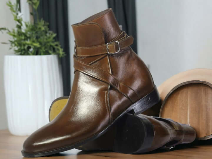 Hand Stitched Men's Brown Genuine Leather Boot, Ankle High Jodhpur Boot