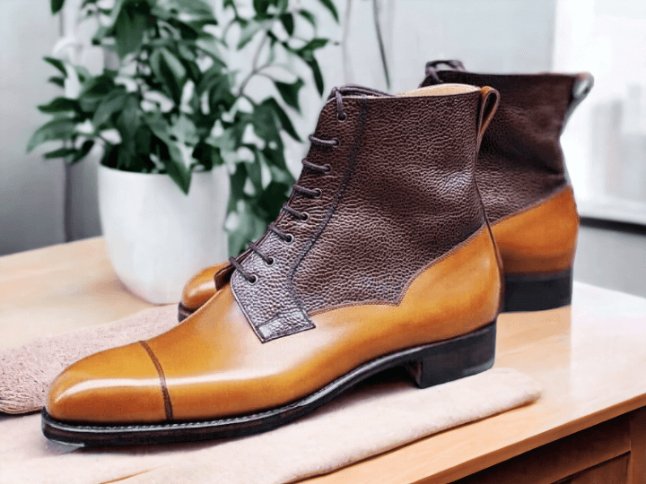 Hand Painted Men,s Tan & Brown Cap Toe Leather Ankle Boots, Luxury Men's Boot