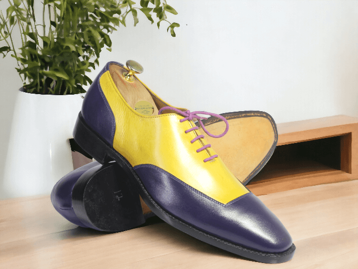 crafted with High Quality genuine leather, these bespoke blue and yellow oxfords are the perfect addition to your office dress shoes collection. Designed for men, these lace-up shoes offer both style and comfort for a polished and professional look.