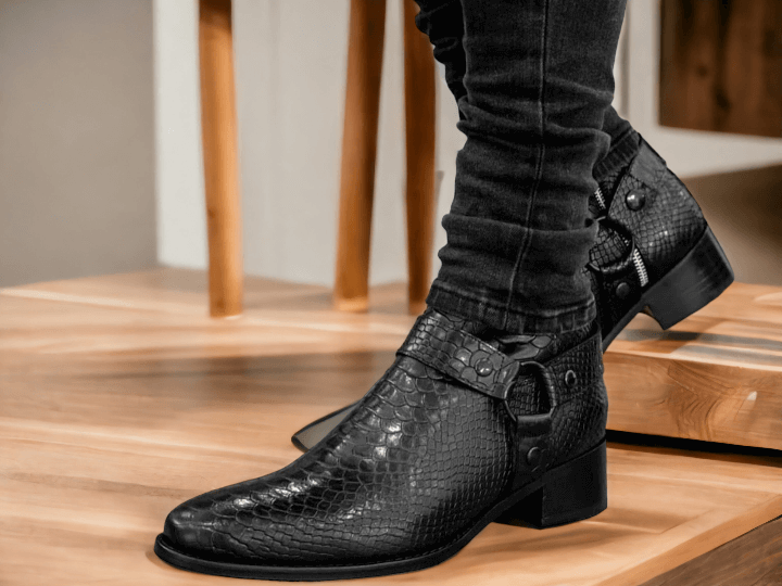 Handmade Ankle Black Leather Madrid Strap Boot, Men's Zipper Closure Python Skin Print Boot