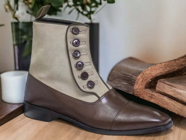 Handmade Ankle High Two Tone Button Leather Suede Boot