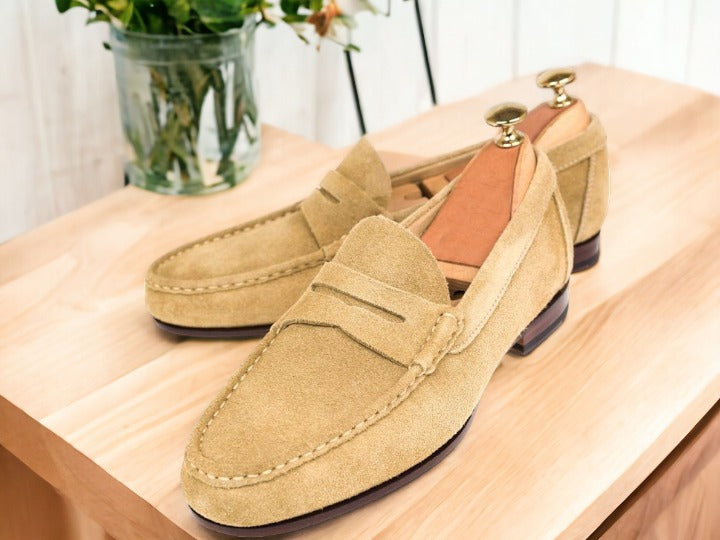 Hand Painted Beige Penny Loafer Shoes