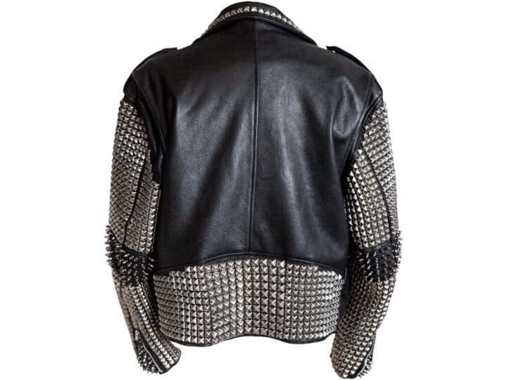 Handmade Black Color Silver Studded Leather Jacket, Men's Zipper Jacket