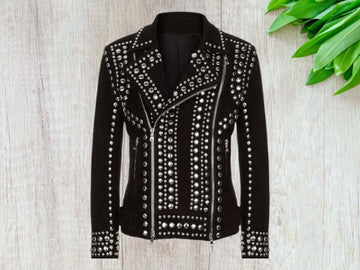 Handmade Black Studded Leather Jacket, Men's Zipper Jacket, Black Jacket With White Studs