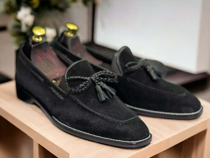 Handmade Black Suede Loafer Tussle Moccasin Shoes, Square Toe, Loafer Shoes