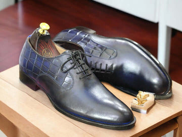 Handmade Bliue Alligator & Plain Leather Shoes, Men's Dress Lace Up Shoes