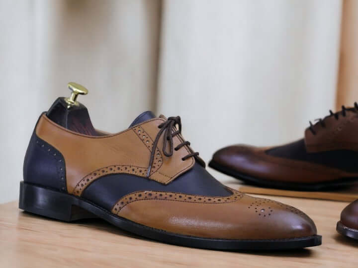 Handmade Blue Brown Genuine Cow Hide Leather Shoes, Men's Lace Up Oxford Shoes