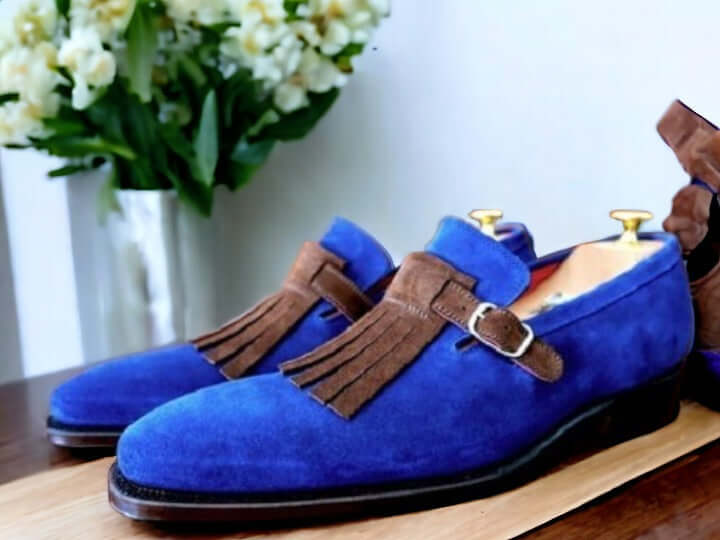 Handmade Blue Brown Suede Shoes,Men's  Fringe Buckle Loafer Shoes 