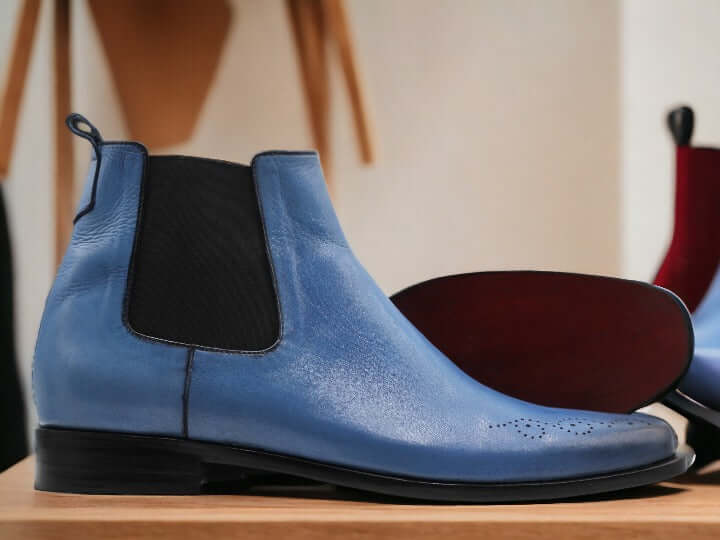 Handmade Blue Chelsea Leather Boot, Men's Real Leather Brogue Boot