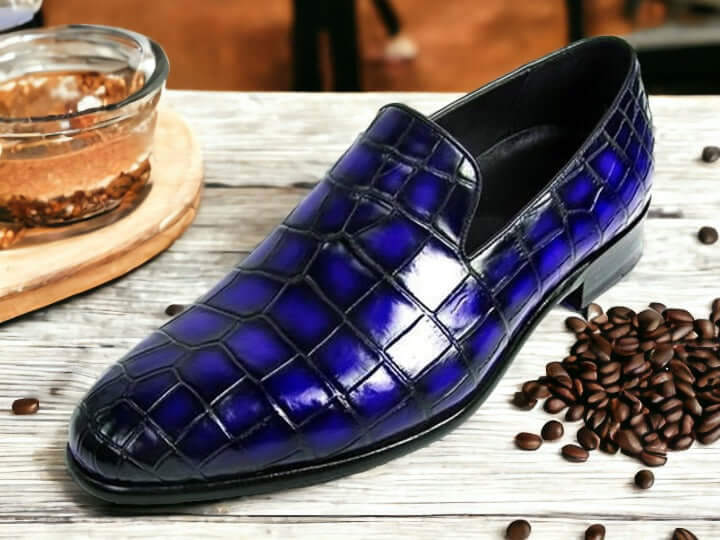 Handmade Blue Crocodile Texture Slip On Loafer Shoes