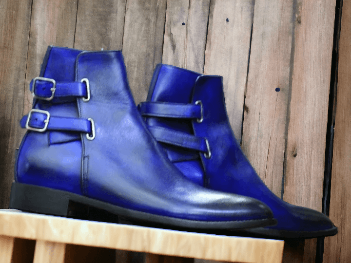 Handmade Blue Double Buckle Ankle High Boot, Men's Boot, Formal Wear Boot