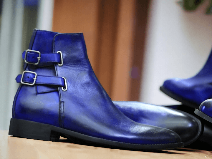 Handmade Blue Double Buckle Ankle High Boot, Men's Boot, Formal Wear Boot