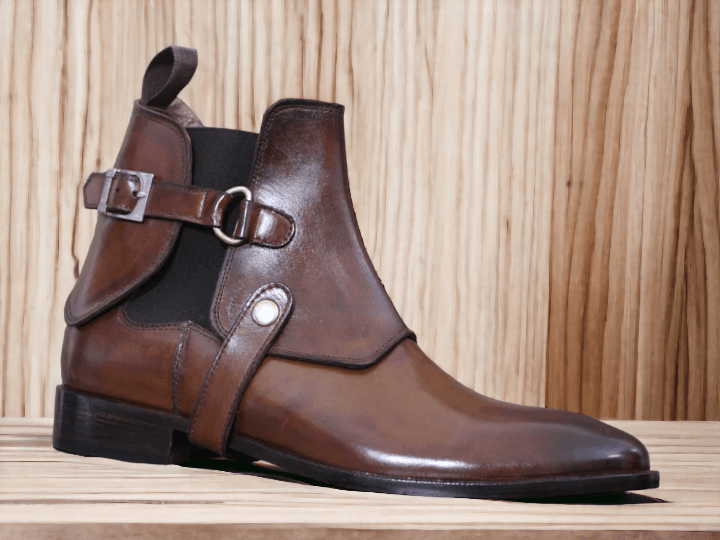 Handmade Brown Luxury Chelsea Buckle Strap Boot, Leather Boot, Designer Boot