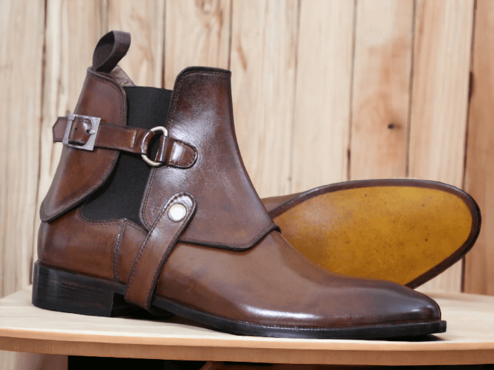 Handmade Brown Luxury Chelsea Buckle Strap Boot, Leather Boot, Designer Boot